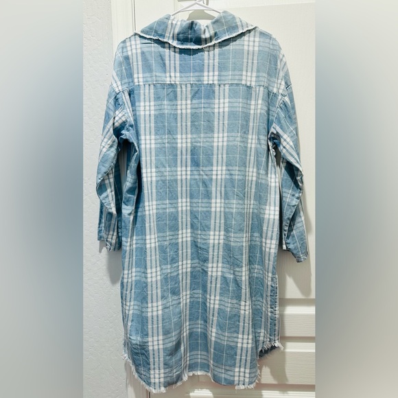 Venti 6 3/4 Sleeve Plaid Blue White Tunic Dress Button Up Chunky Collar Raw Hem - Picture 3 of 4